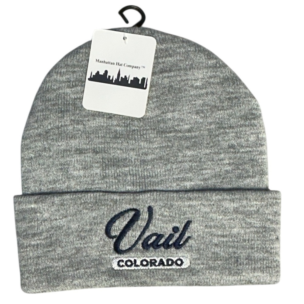Vail Colorado Beanie Knit Hat Embroidered Blue Gray Adult Unisex One Size